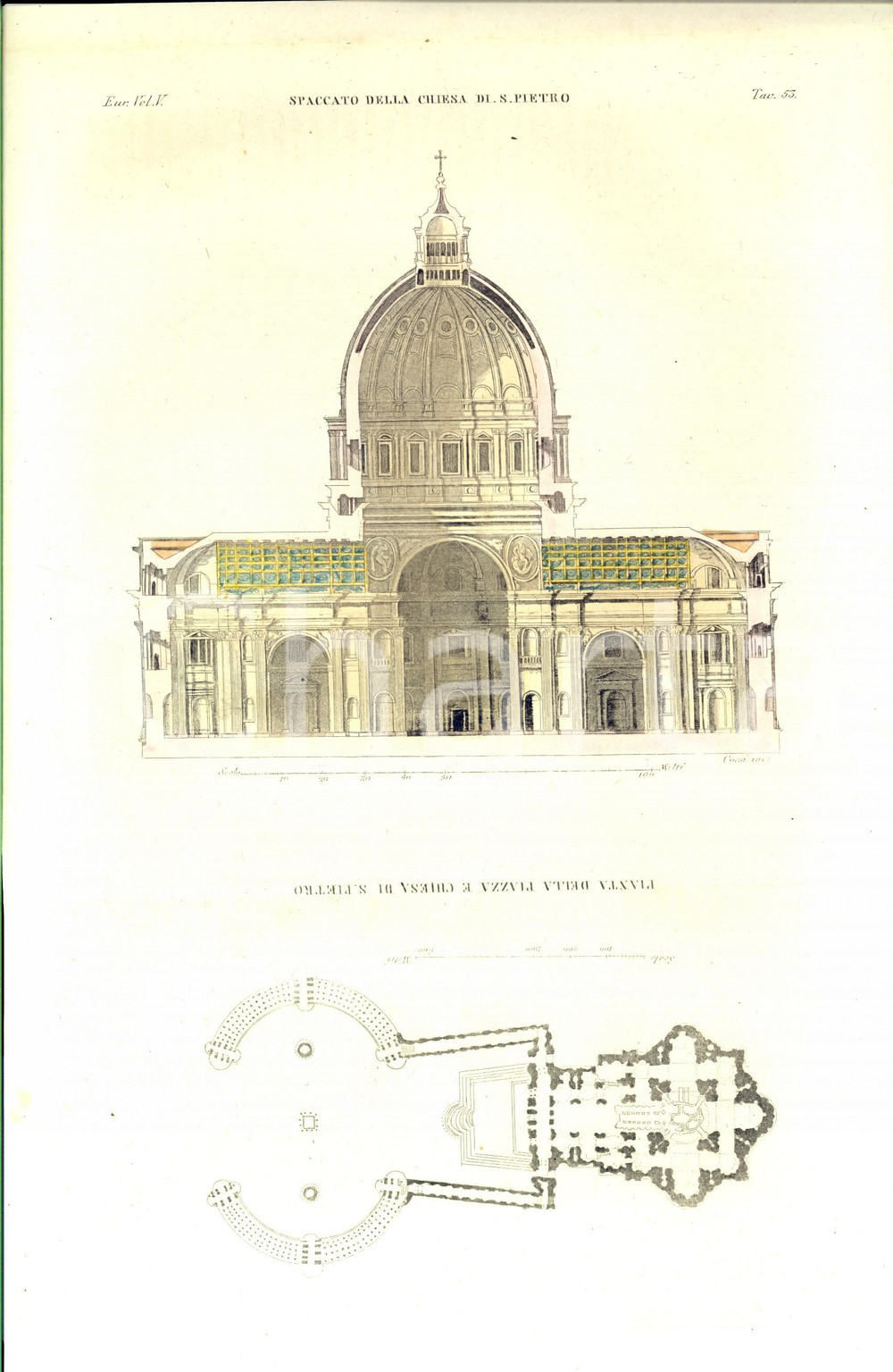 Stampa, bozzetto originale 1830 ca FERRARIO COSTUME EUROPEO Spaccato della chiesa di San Pietro Inc. CORSI 1