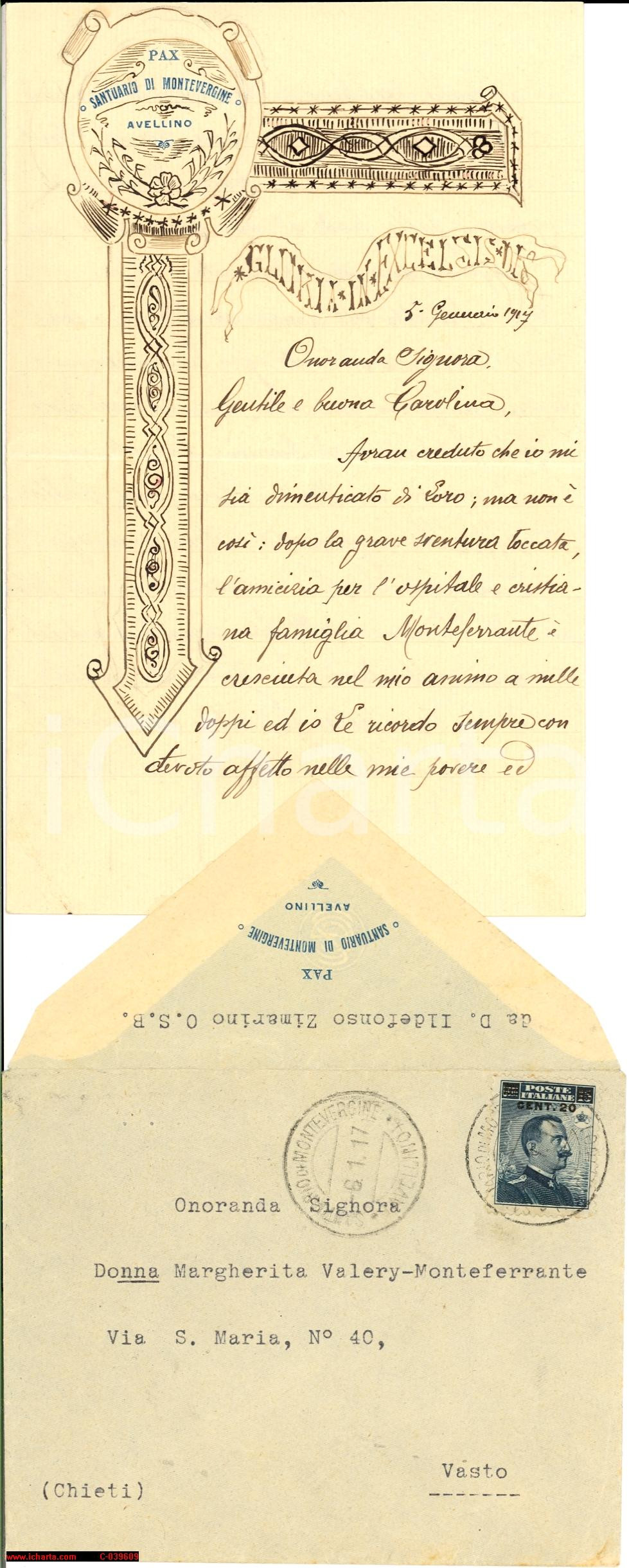 Manoscritto, lettera originale 1917 SANTUARIO MONTEVERGINE Padre IDELFONSO ZIMARINO consola fedele una fedele 1