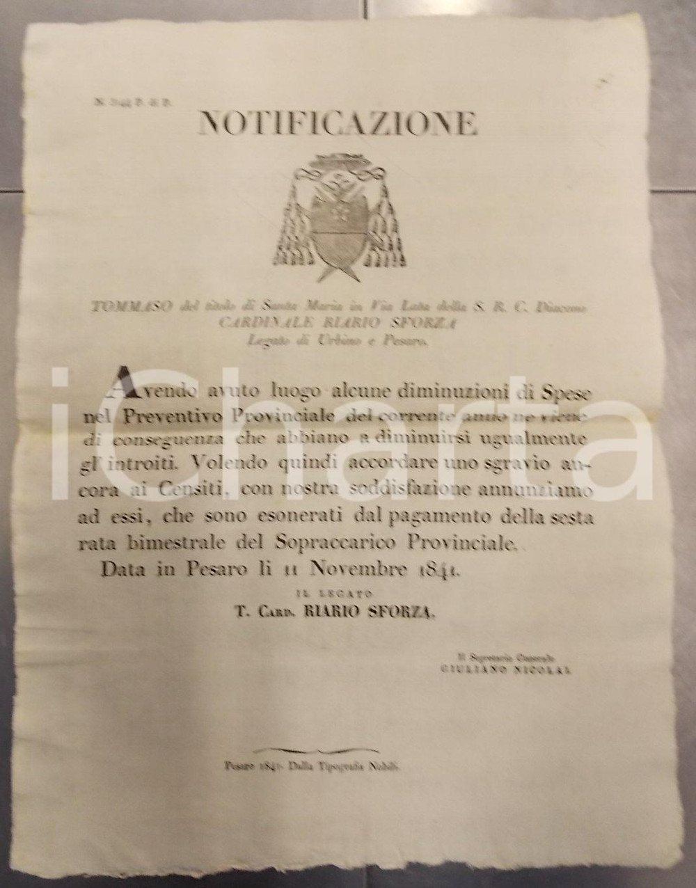 Documento originale, autentico 1841 STATO PONTIFICIO Esonero dei contribuenti dal pagamento del Sopraccarico 1