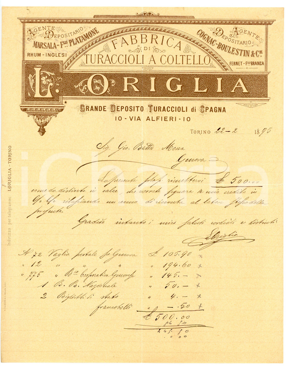 1895 TORINO L. ORIGLIA - Fabbrica di turaccioli a coltello *Lettera commerciale Lettera commerciale d'epoca, manoscritta, su carta intestata.Torino - via Alfieri 10CONDIZIONI: F (piegature d'epoca, piccola strappo al lato sinistro)PAGINE: 1    originale e autentica 1
