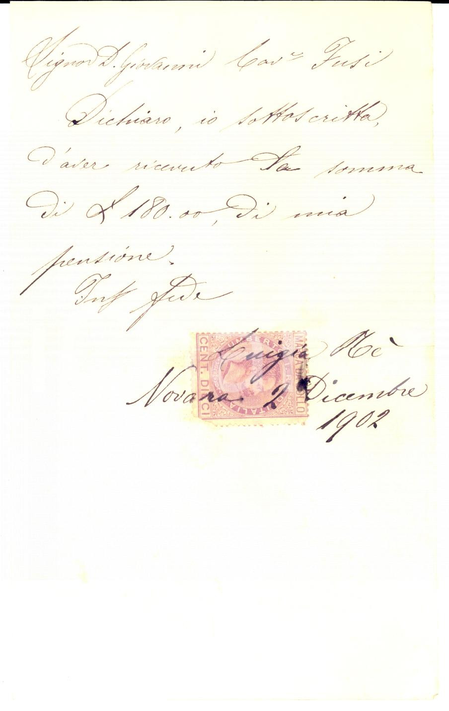 Documento originale, autentico 1902 NOVARA Luigia ME  riceve pensione dal cav. Giovanni FUSI Ricevuta 1