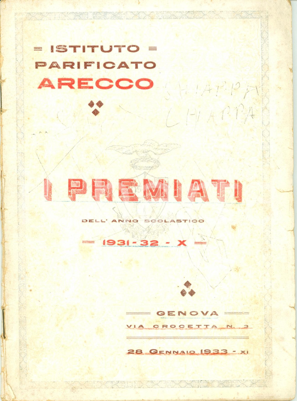 Documento originale, autentico 1933 GENOVA Alunni premiati Istituto Parificato ARECCO Pubblicazione 1