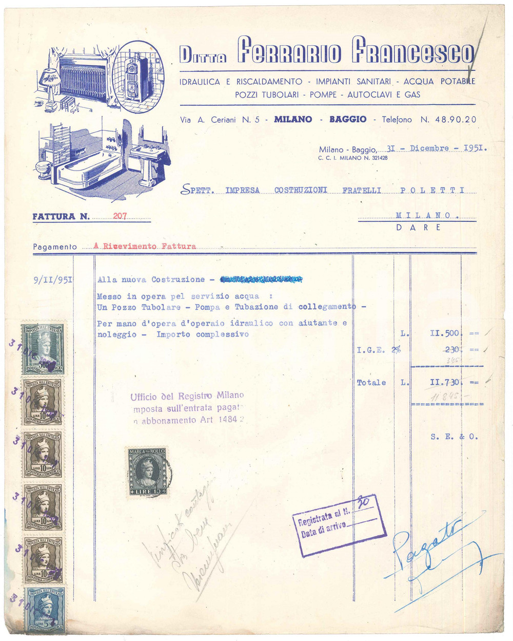 Oggetto da collezione cartaceo 1951 MILANO BAGGIO Via Ceriani 5  Ditta FERRARIO Francesco idraulica Fattura 1