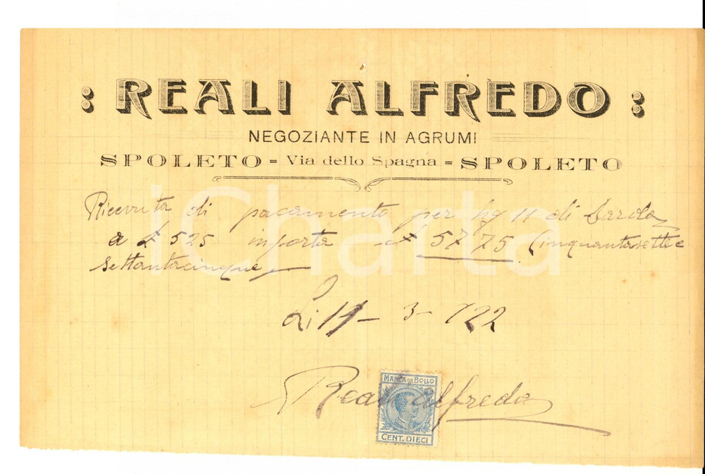 Documento originale, autentico 1922 SPOLETO PG Alfredo REALI negoziante agrumi Ricevuta di pagamento 1