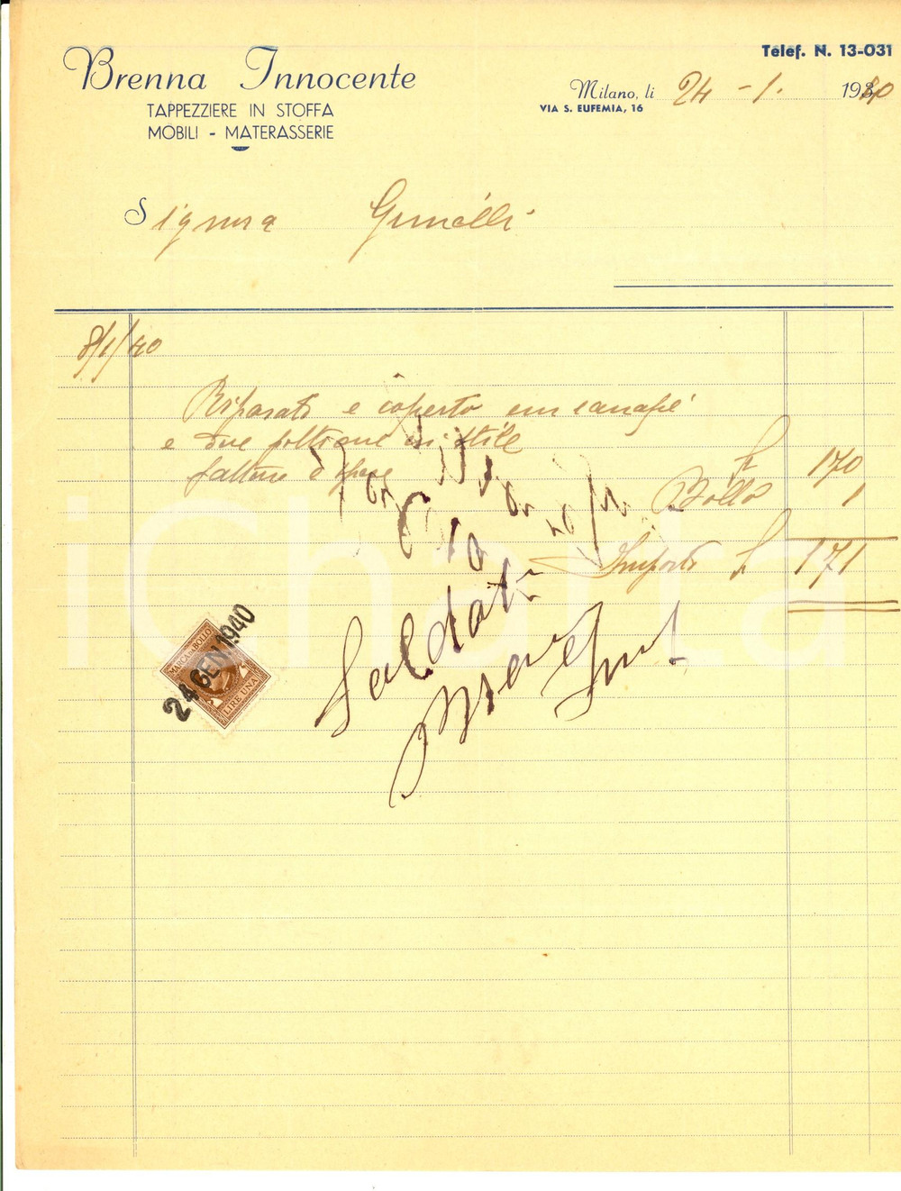 Documento originale, autentico 1940 MILANO Innocente BRENNA Tappezziere in stoffa  Materasserie Fattura 1