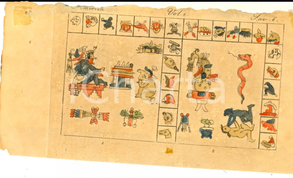 Stampa, bozzetto originale 1830 ca COSTUME AMERICA Antiche divinità  Stampa acquerellata 18x9 cm 1
