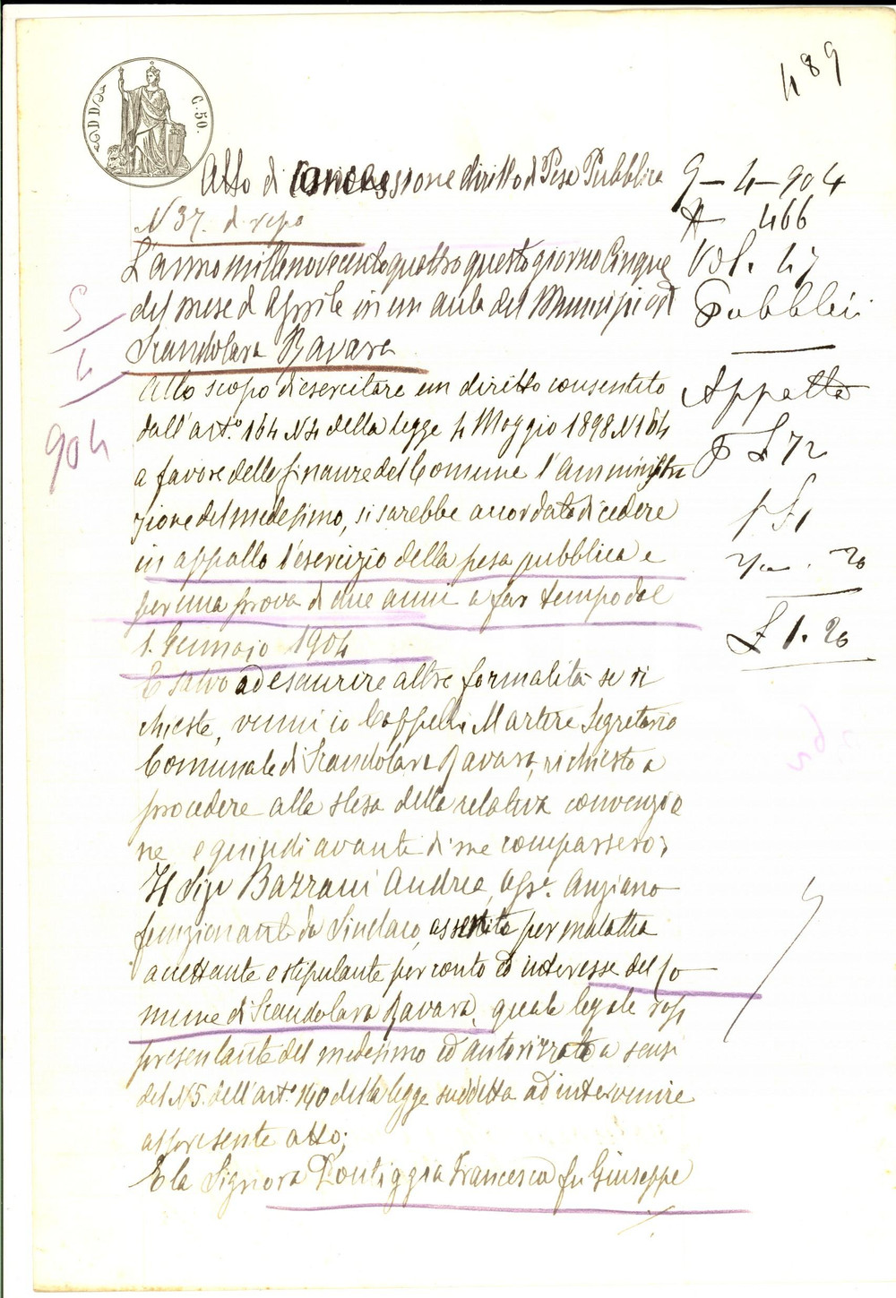 Documento originale, autentico 1904 SCANDOLARA RAVARA Concessione diritto pesa pubblica a Francesca PONTIGGIA 1