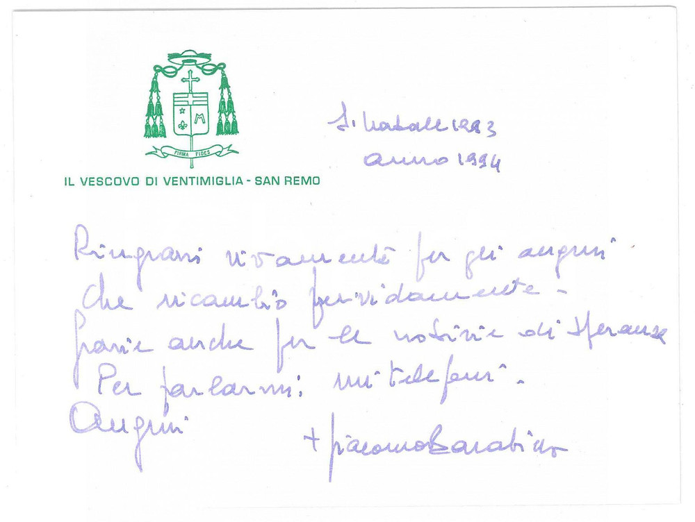 Autografo originale 1993 Mons. Giacomo BARABINO vescovo VENTIMIGLIASANREMO  Biglietto AUTOGRAFO 1