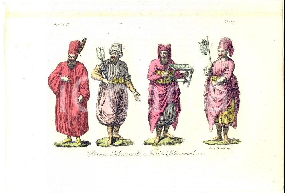 Stampa, bozzetto originale 1826 COSTUME EUROPEO ISTANBUL DivanTchavousch, AlaiTchavousch Inc. GIARRÃˆ 1