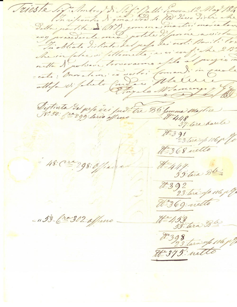 Documento originale, autentico 1841 GENOVA Angelo Maria SAMENGO commercia gomma mastice con Ambrogio RALLI 1
