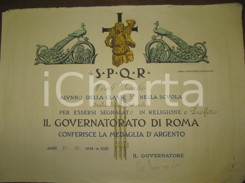 Oggetto da collezione cartaceo 1934 Attestato  PUBLIO MORBIDUCCI illustratore LEGGI 1