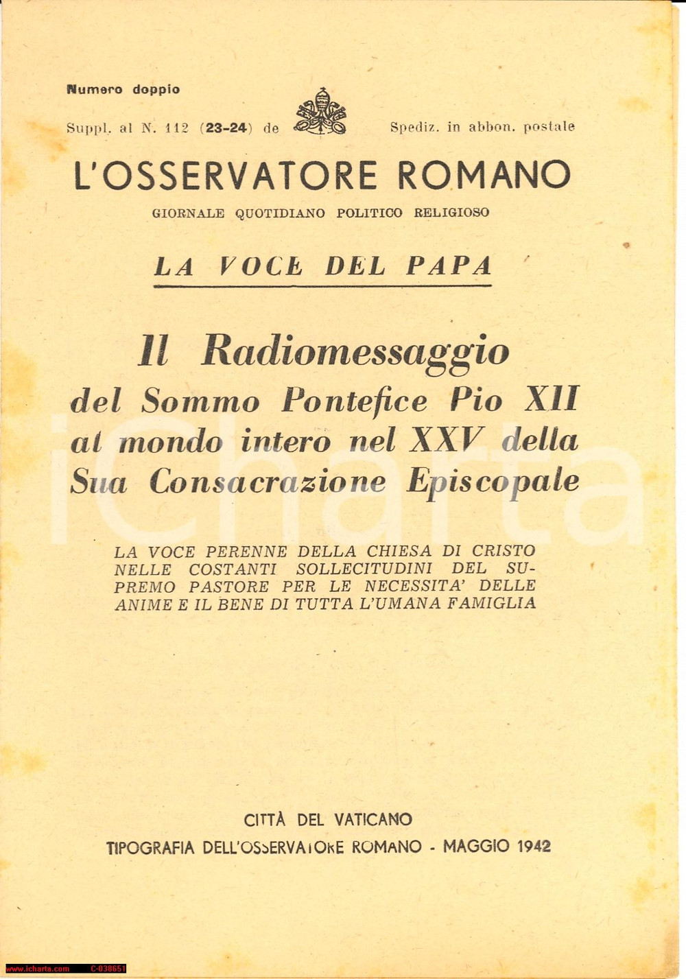 Documento originale, autentico 1942 WW2 Radiomessaggio Pio XII Edizione integrale 1