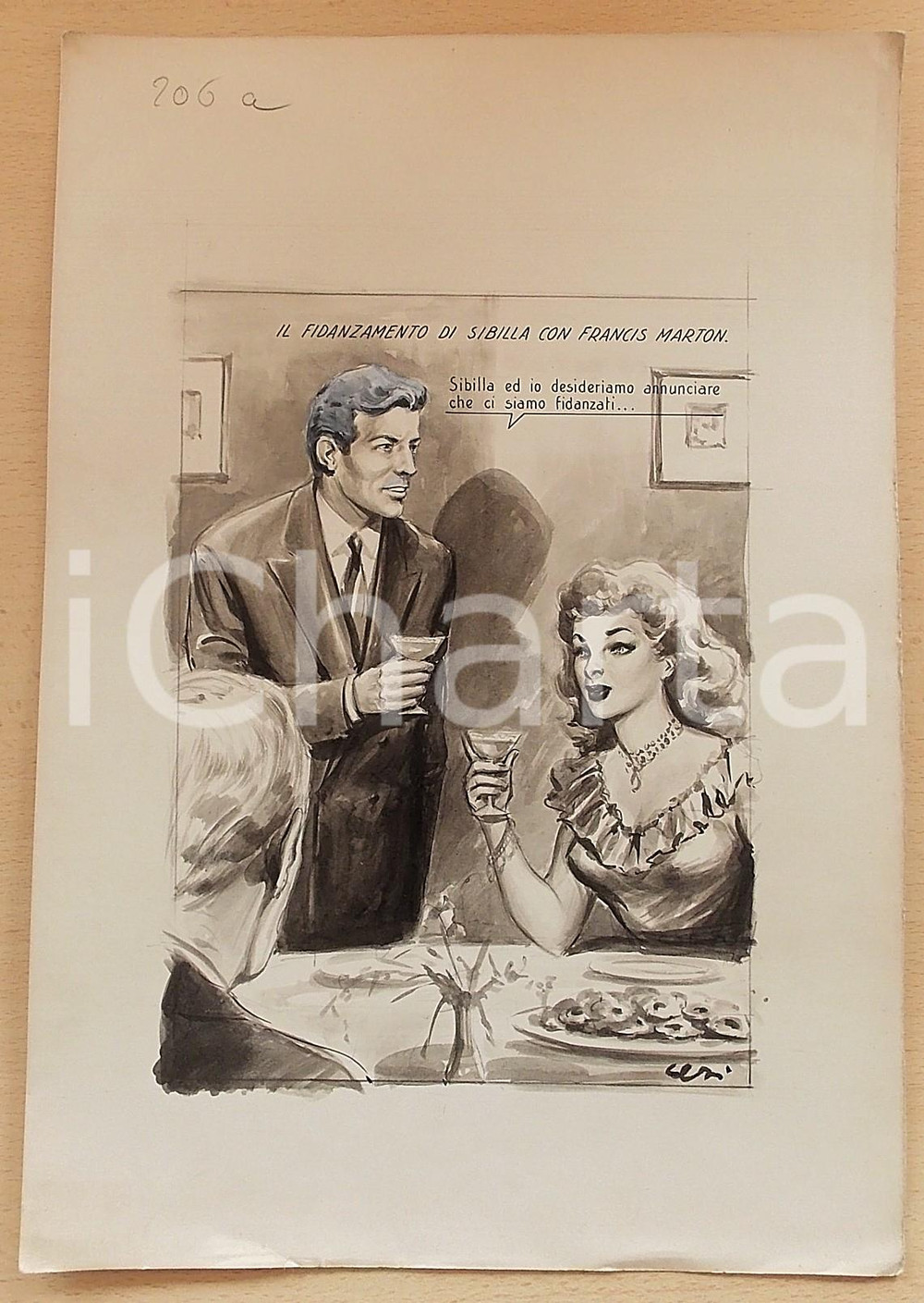 1955 ca BOZZETTO ORIGINALE Coppia annuncia fidanzamento ufficiale *Ill. CESI