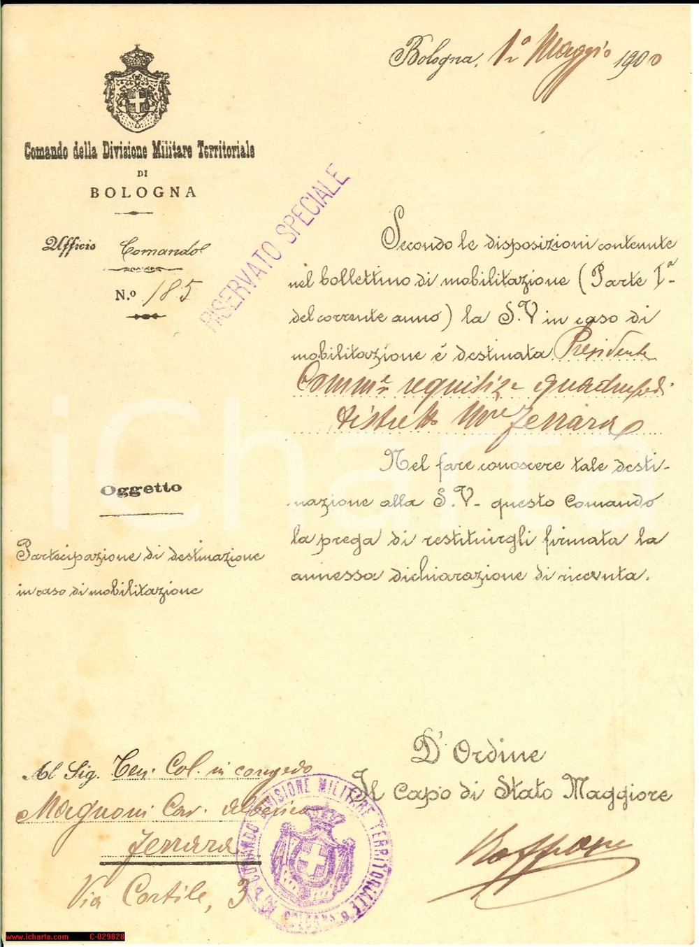 Documento originale, autentico 1900 BOLOGNA Col. Alberico MAGNONI destinato a requisizione quadrupedi 1