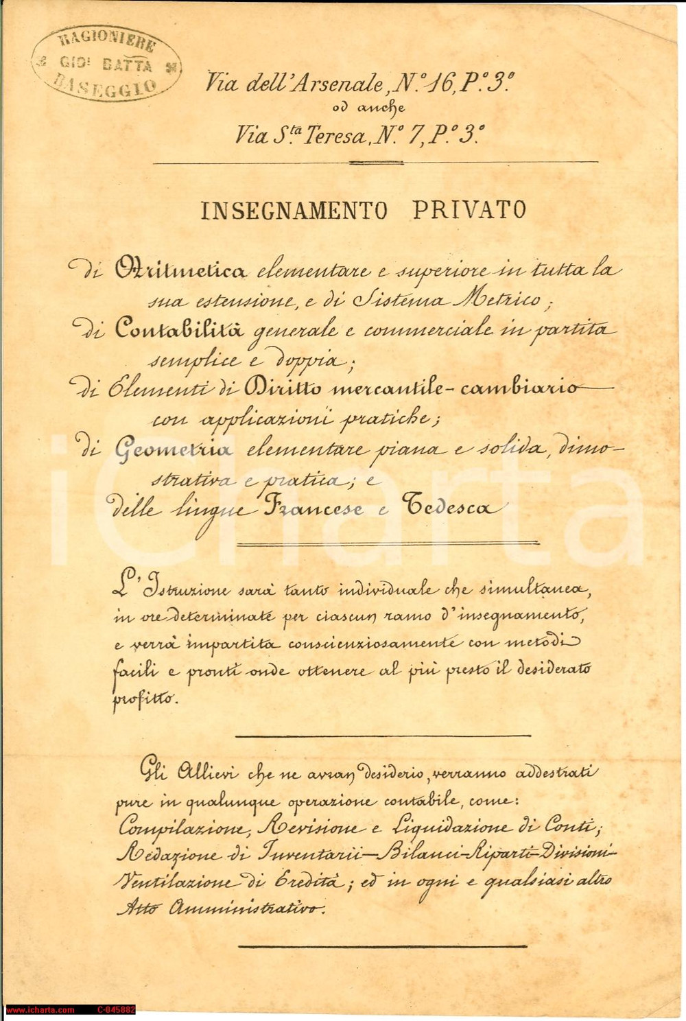 Oggetto da collezione cartaceo 1910 TORINO Lezioni private contabilitÃ  Rag. BASEGGIO 1