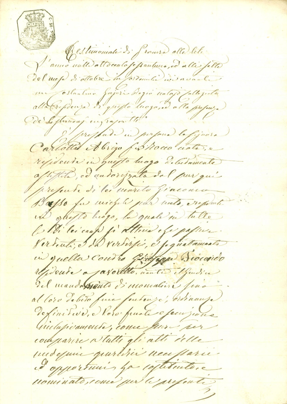 Documento originale, autentico 1861 MONCALIERI CN Carlo MANASSERI procuratore generale di Carlotta ABRIGO 1