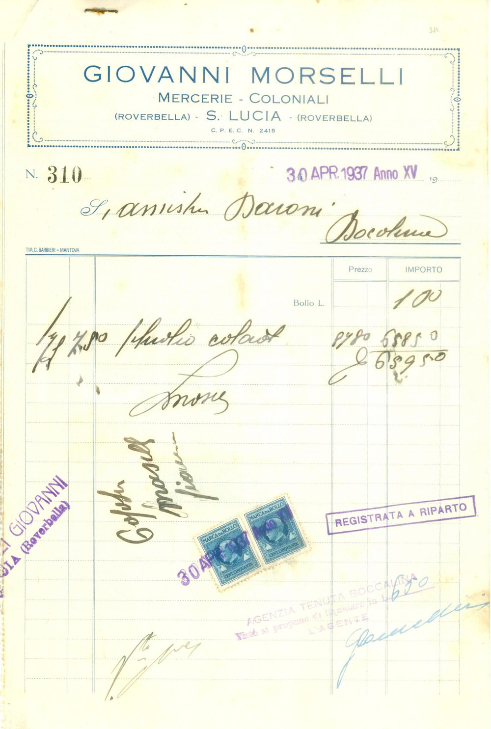 Documento originale, autentico 1937 ROVERBELLA MN Giovanni MORSELLI Mercerie coloniali a SANTA LUCIA Fattura 1