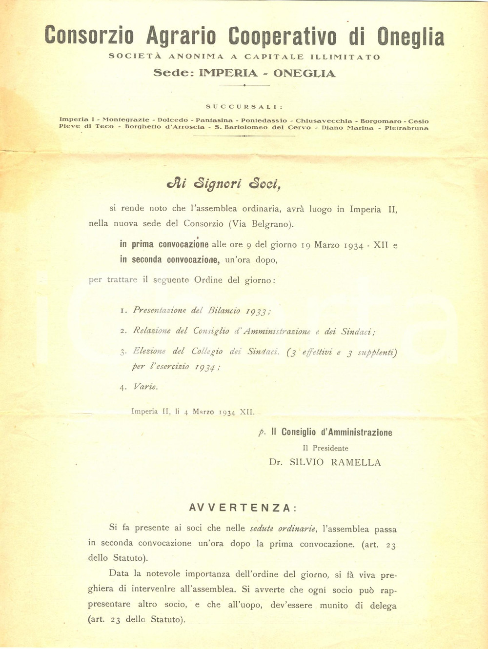 Documento originale, autentico 1934 IMPERIA Consorzio Agrario Cooperativo di ONEGLIA per bilancio Opuscolo 1
