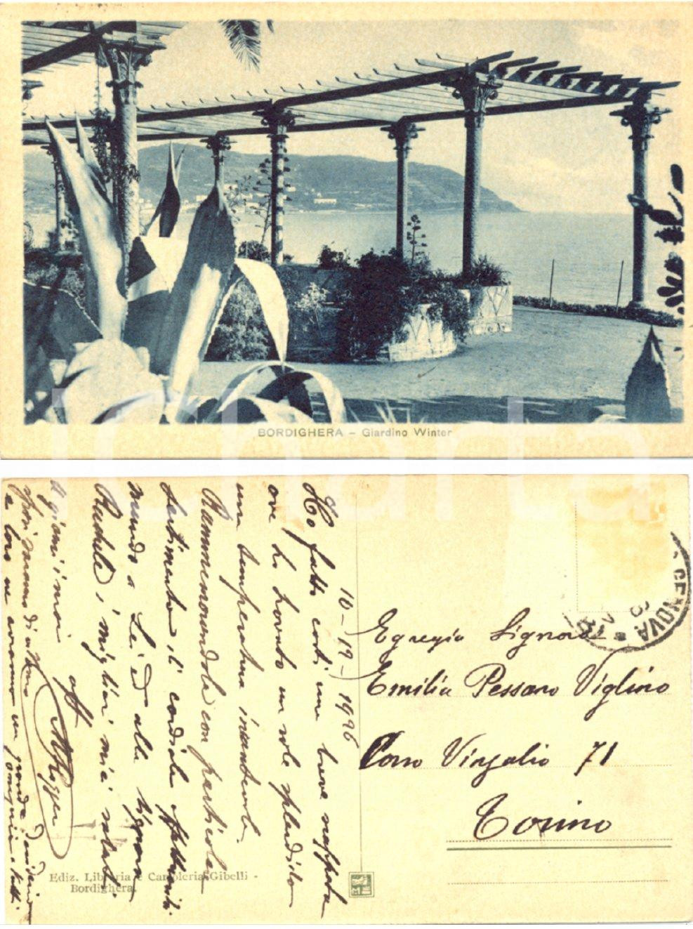 Autografo originale 1926 BORDIGHERA IM Cartolina Mario ROGGERO a Emilia PESSANO AUTOGRAFO 1