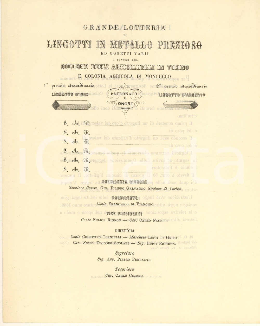 Documento originale, autentico 1880 ca TORINO Grande lotteria di lingotti preziosi COLLEGIO DEGLI ARTIGIANELLI 1