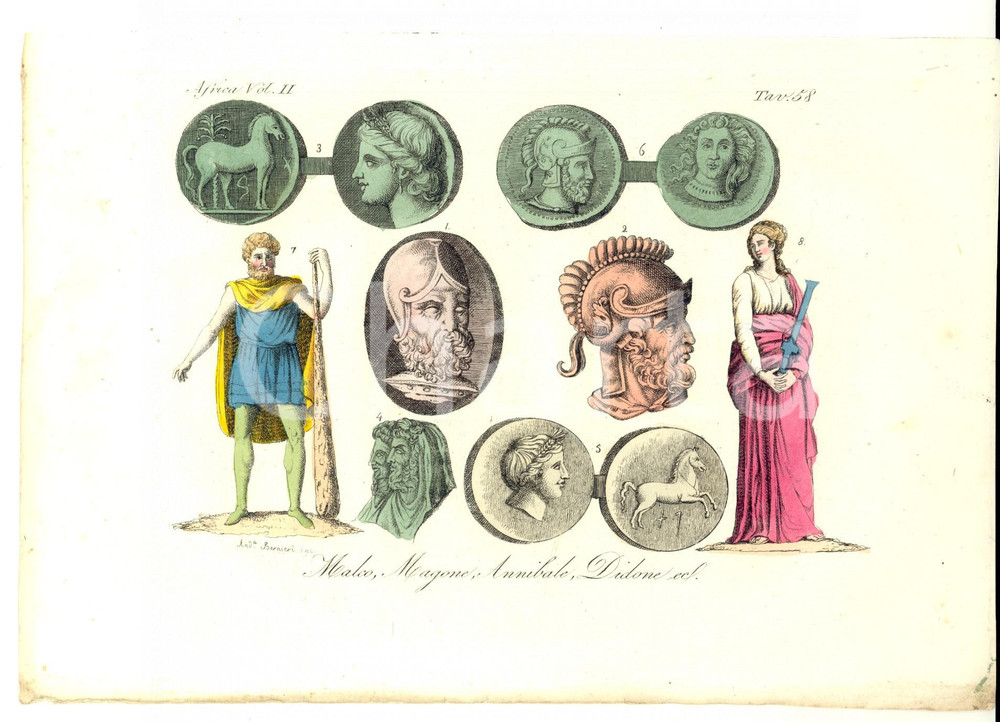 Stampa, bozzetto originale 1823 COSTUMI AFRICA Malco, Magone, Annibale, Didone Inc. Andrea BERNIERI 1
