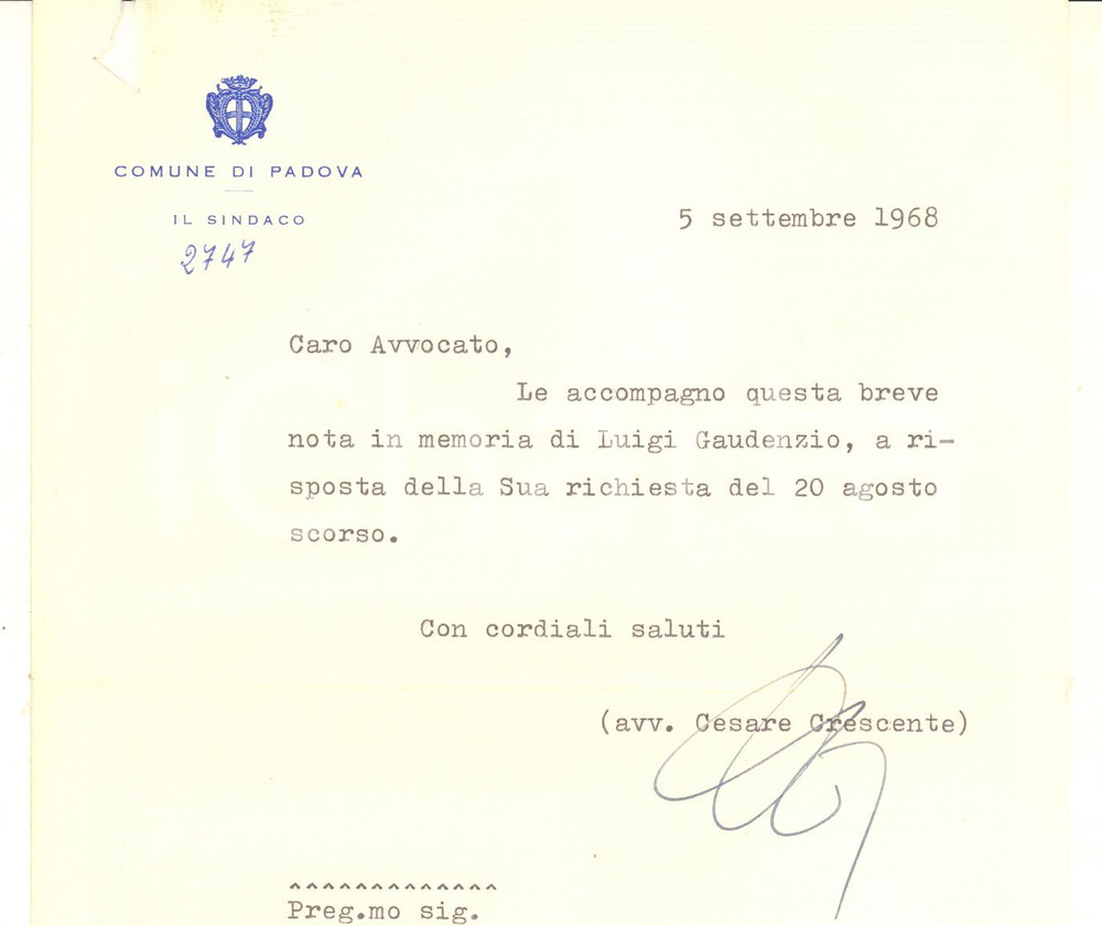 Autografo originale 1968 PADOVA Sindaco Cesare CRESCENTE  Lettera AUTOGRAFO 1