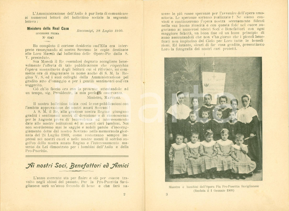 Giornale, rivista storica 1910 SAVIGLIANO CN Bollettino Opere Pie PRO PUERITIA Saviglianese anno 1 n. 1 1