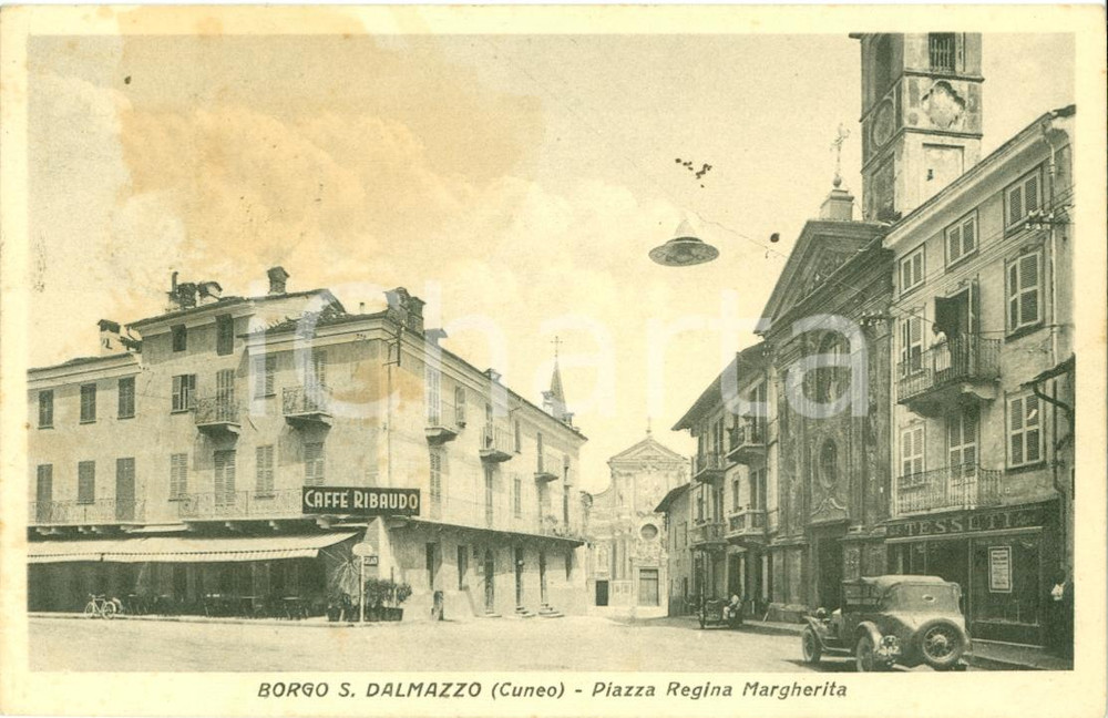 Cartolina originale da collezione 1939 BORGO SAN DALMAZZO CN CaffÃ© RIBAUDO in Piazza REGINA MARGHERITA FP VG 1
