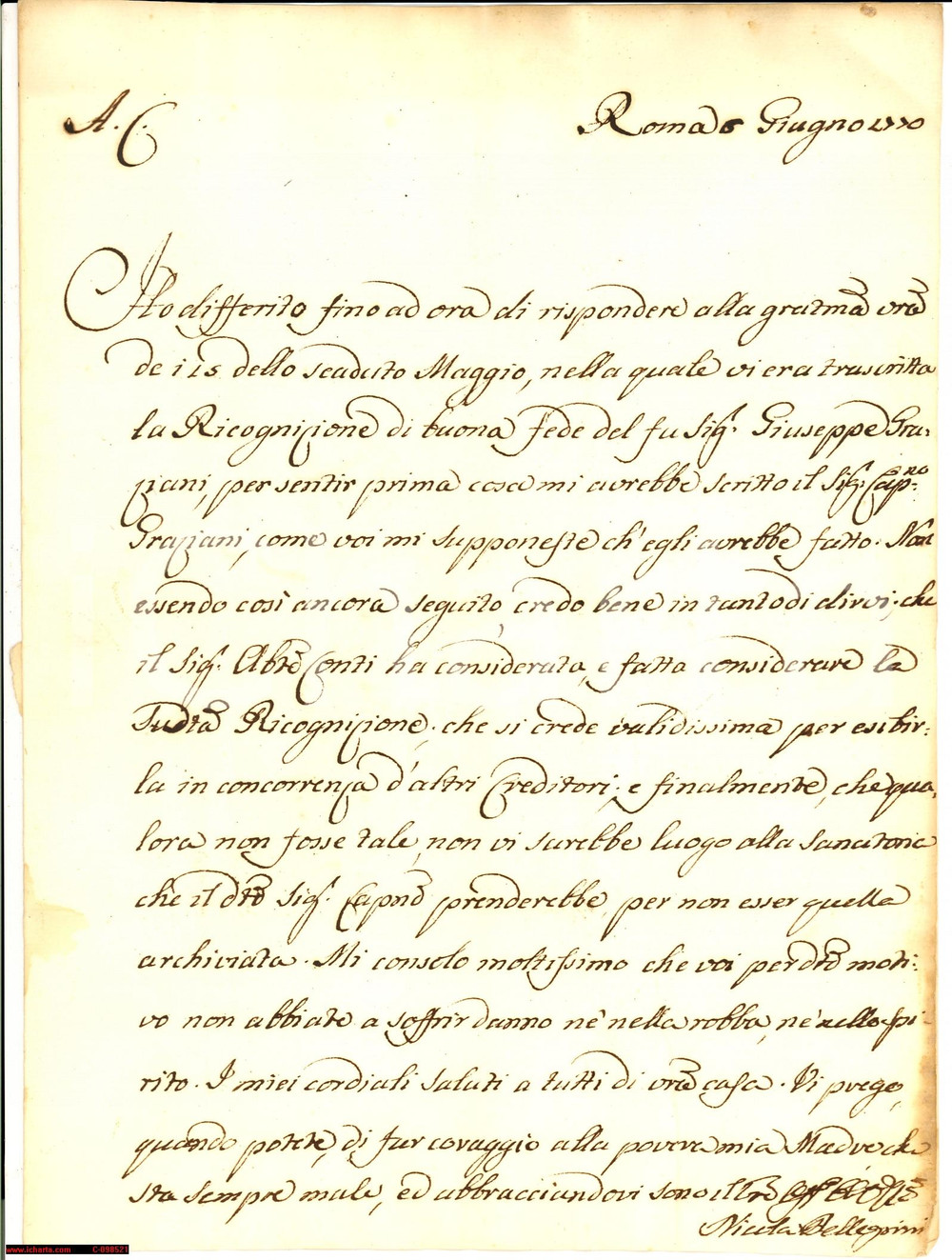 Manoscritto, lettera originale 1770 ROMA Nessun danno nÃ© nella robba nÃ© in spirito 1