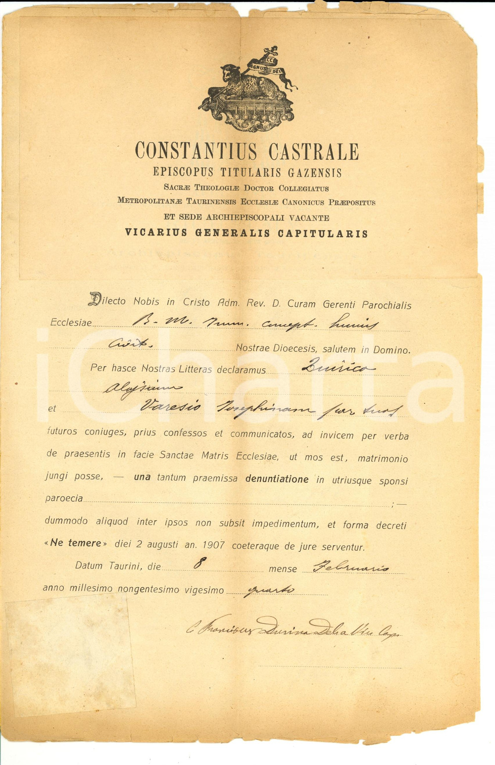 Documento originale, autentico 1924 TORINO Nozze Luigi CHIRICO e Giuseppina VARESIO mons. CASTRALE 1