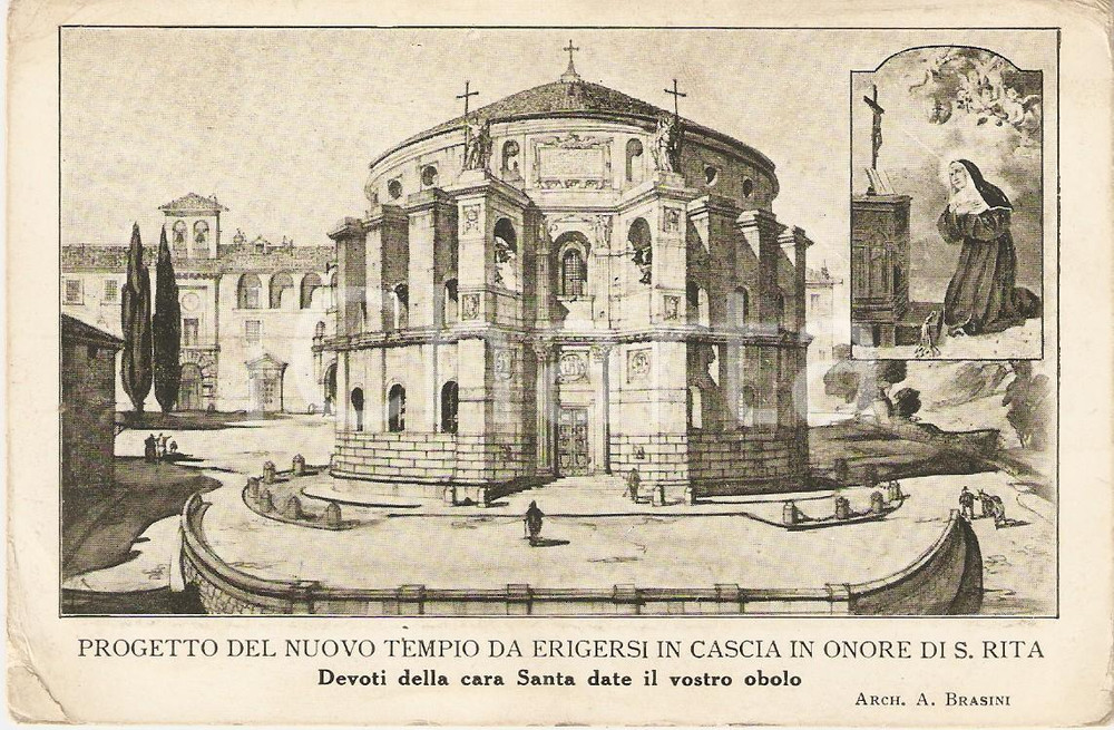 Cartolina originale da collezione 1950 ca CASCIA (PG) Nuovo tempio SANTA RITA Progetto Architetto Armando BRASINI 1