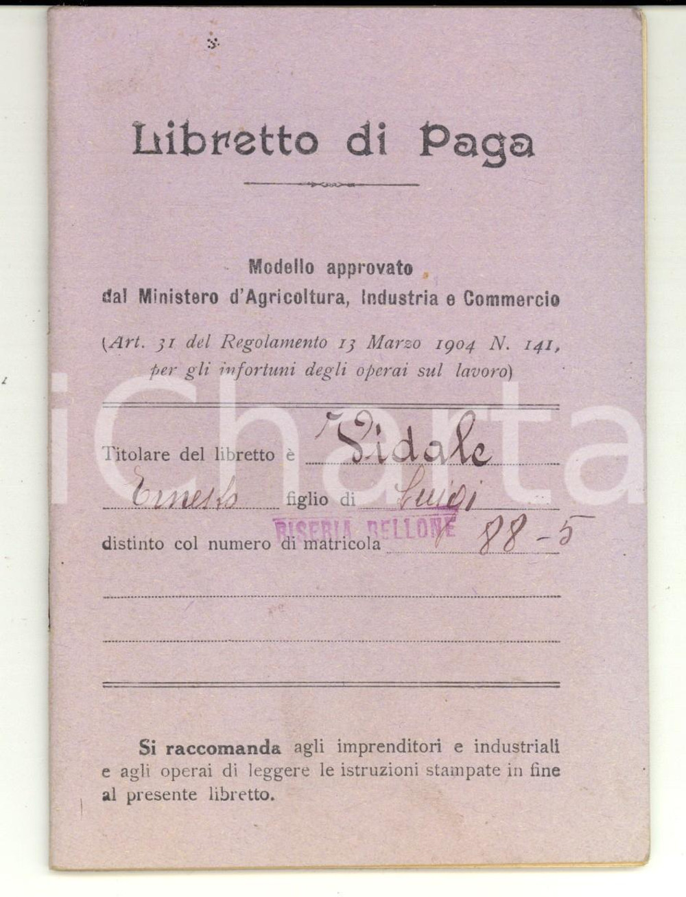 Documento originale, autentico 1924 OLEVANO DI LOMELLINA PV Libretto paga Ernesto VIDALE  Riseria BELLONE 1
