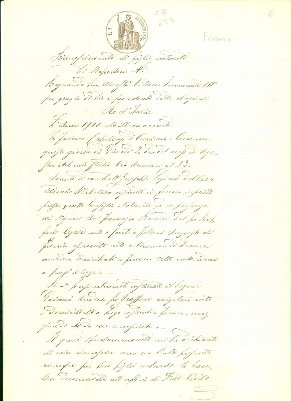 Documento originale, autentico 1900 FERRARA Andrea GAIANI riconosce Maddalena come figlia naturale Documento 1