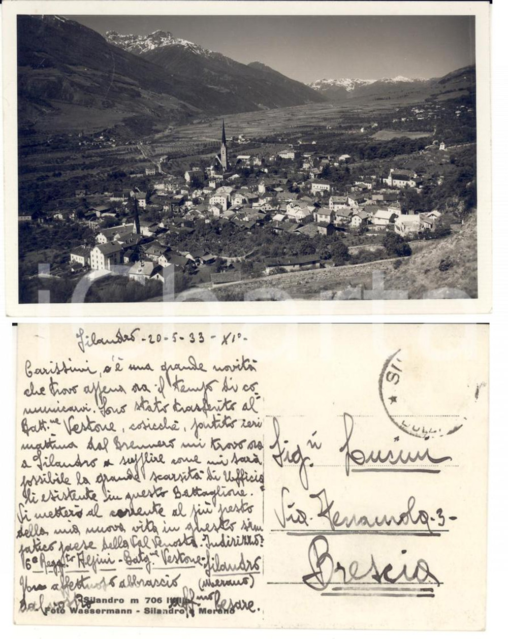 Autografo originale 1933 SILANDRO (BZ) Veduta *Cartolina Cesare SONCINI 6Â°Reggimento ALPINI VESTONE 1