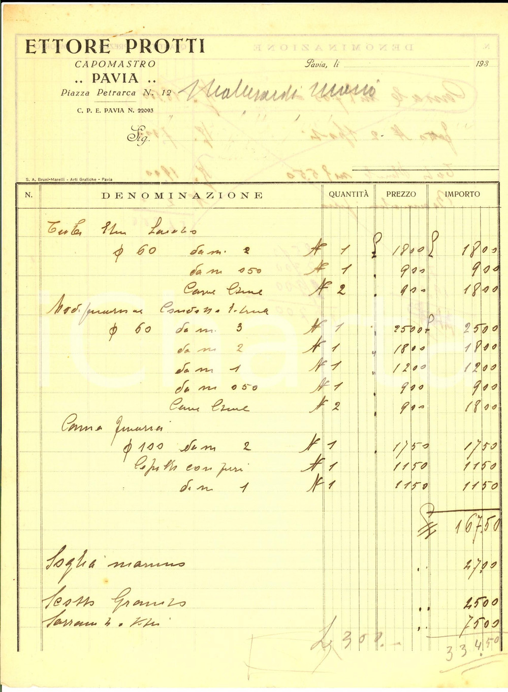 Documento originale, autentico 1935 ca PAVIA Capomastro Ettore PROTTI Preventivo manoscritto per lavori 1