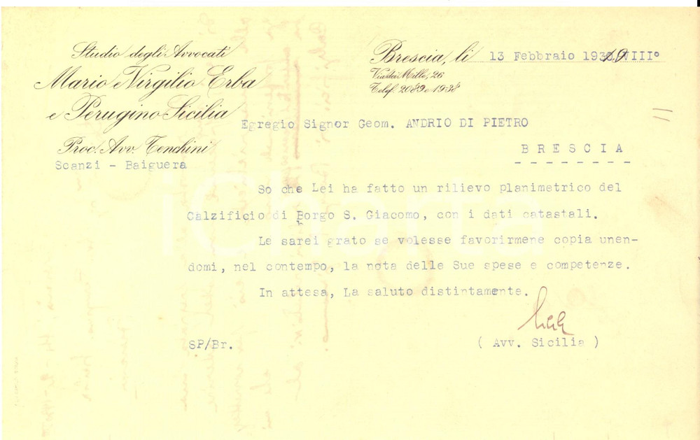 Documento originale, autentico 1930 BRESCIA Avv. Perugino SICILIA chiede copia di planimetria Lettera 1