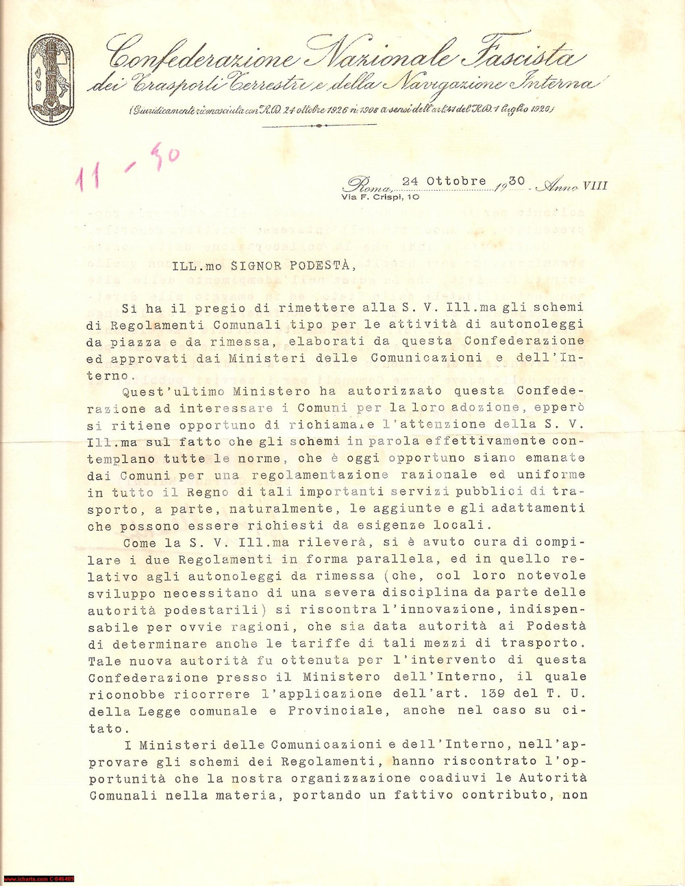 Documento originale, autentico 1930 ROMA Regolamenti fascisti attivitÃ  AUTONOLEGGIO 1