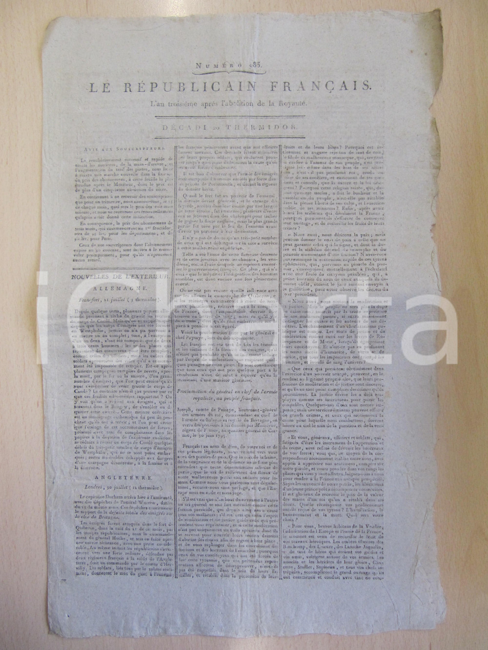 Giornale, rivista storica 1795 LE REPUBLICAIN FRANCAIS Gazette REVOLUTION N° 983 Contre ROBESPIERRE 1