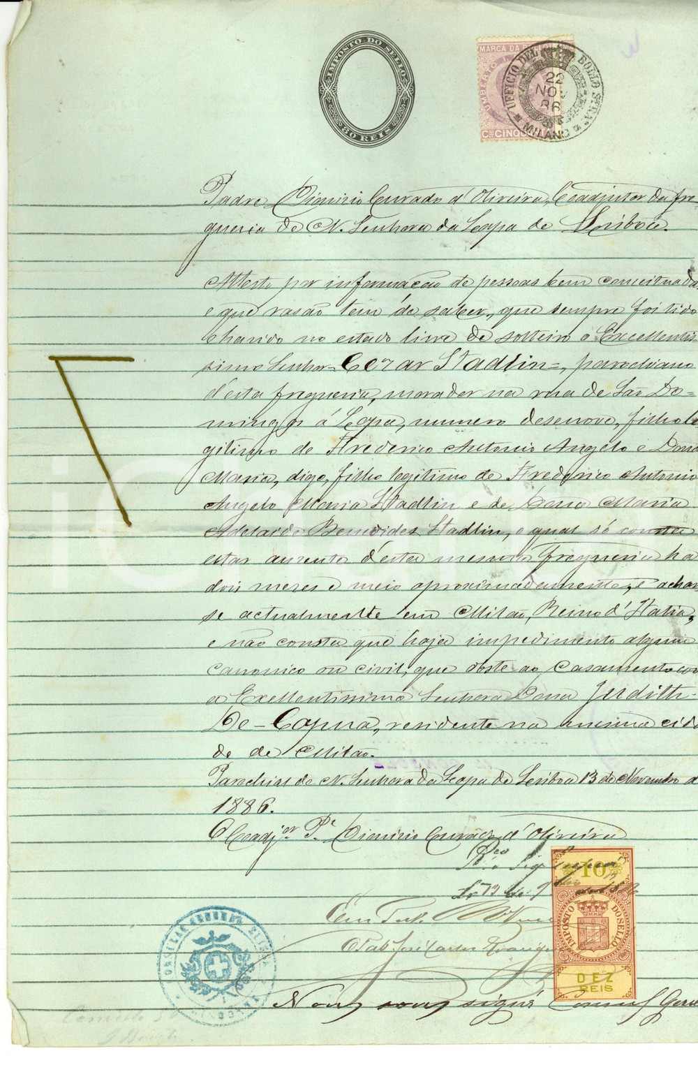 Documento originale, autentico 1886 LISBOA (P) Stato libero di Cezar STADLIN portoghese-italiano 1