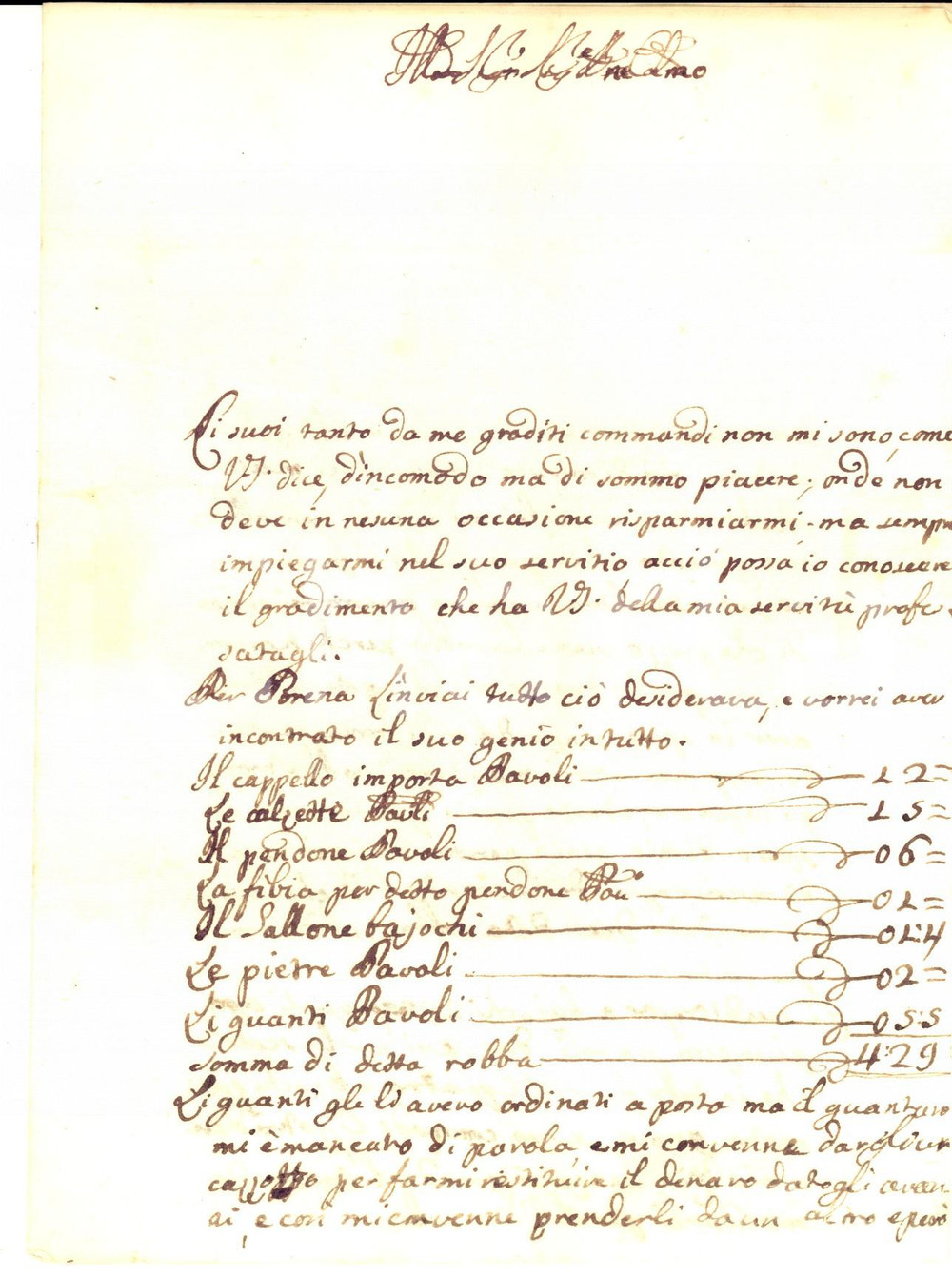 Manoscritto, lettera originale 1745 ROMA Nicola PELLEGRINI invia la nota del vestiario acquistato per un nobile 1