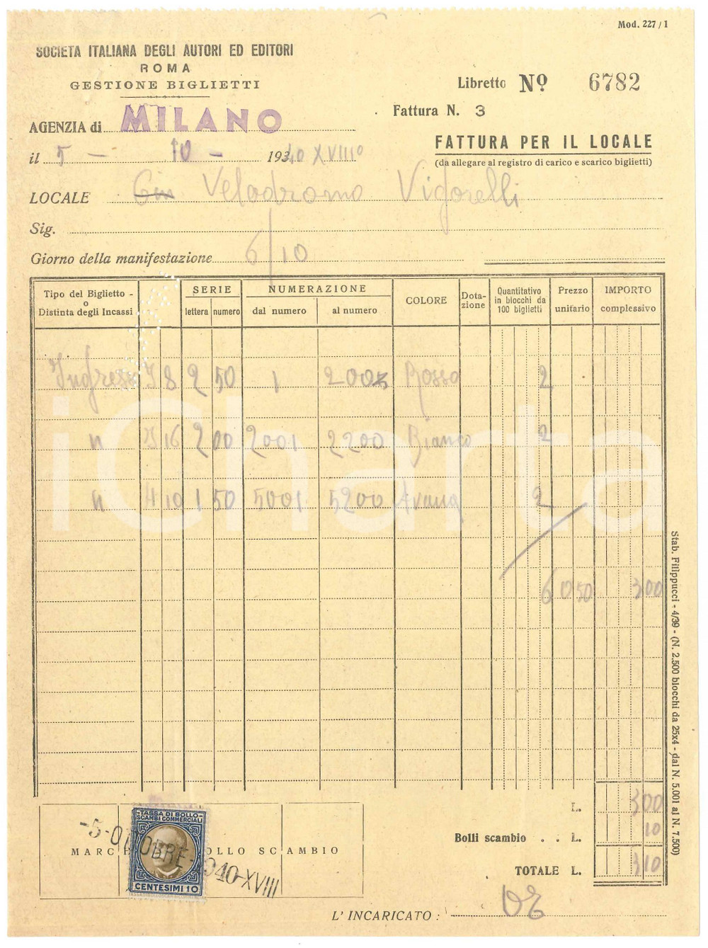 Documento originale, autentico 1940 MILANO CICLISMO Fattura SIAE per biglietti Velodromo Vigorelli 1