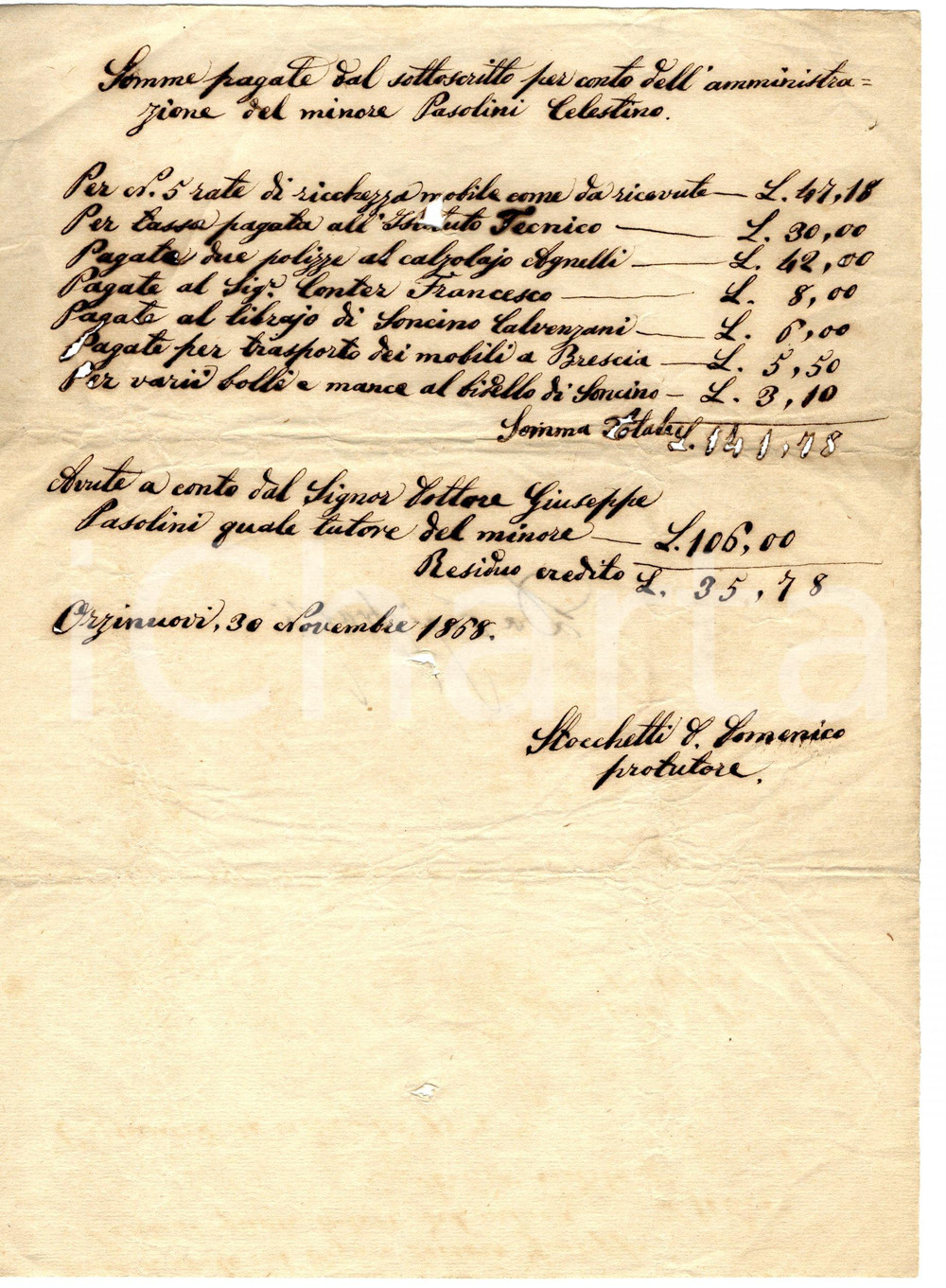Documento originale, autentico 1868 ORZINUOVI (BS) Spese per minore Celestino PASOLINI 1