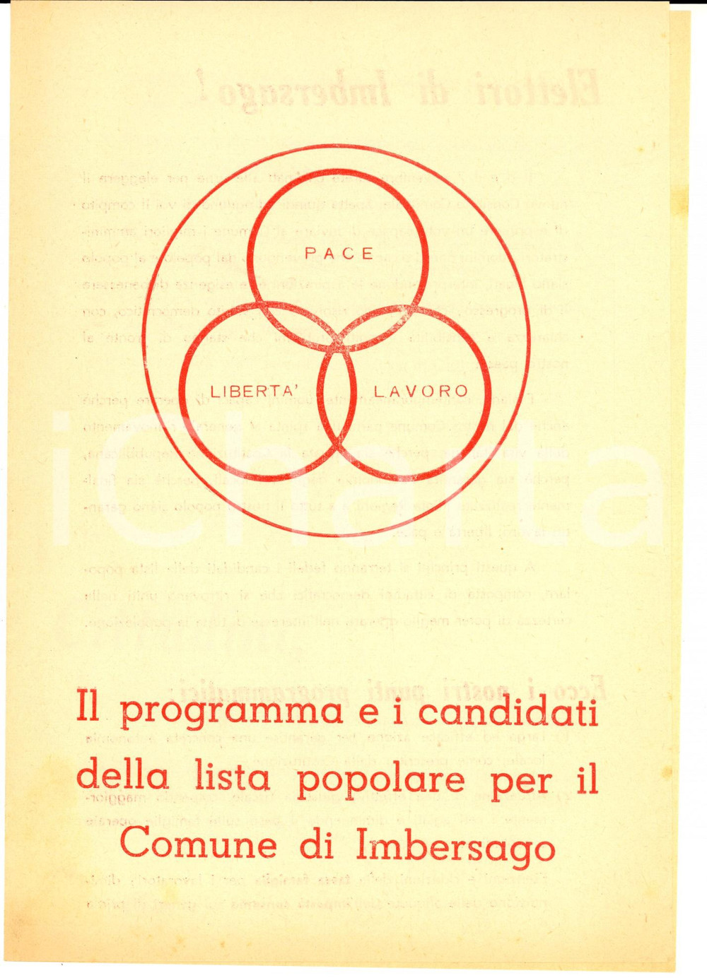 Materiale pubblicitario d’epoca 1950 ca IMBERSAGO LC LISTA POPOLARE Programma e candidati elezioni comunali 1
