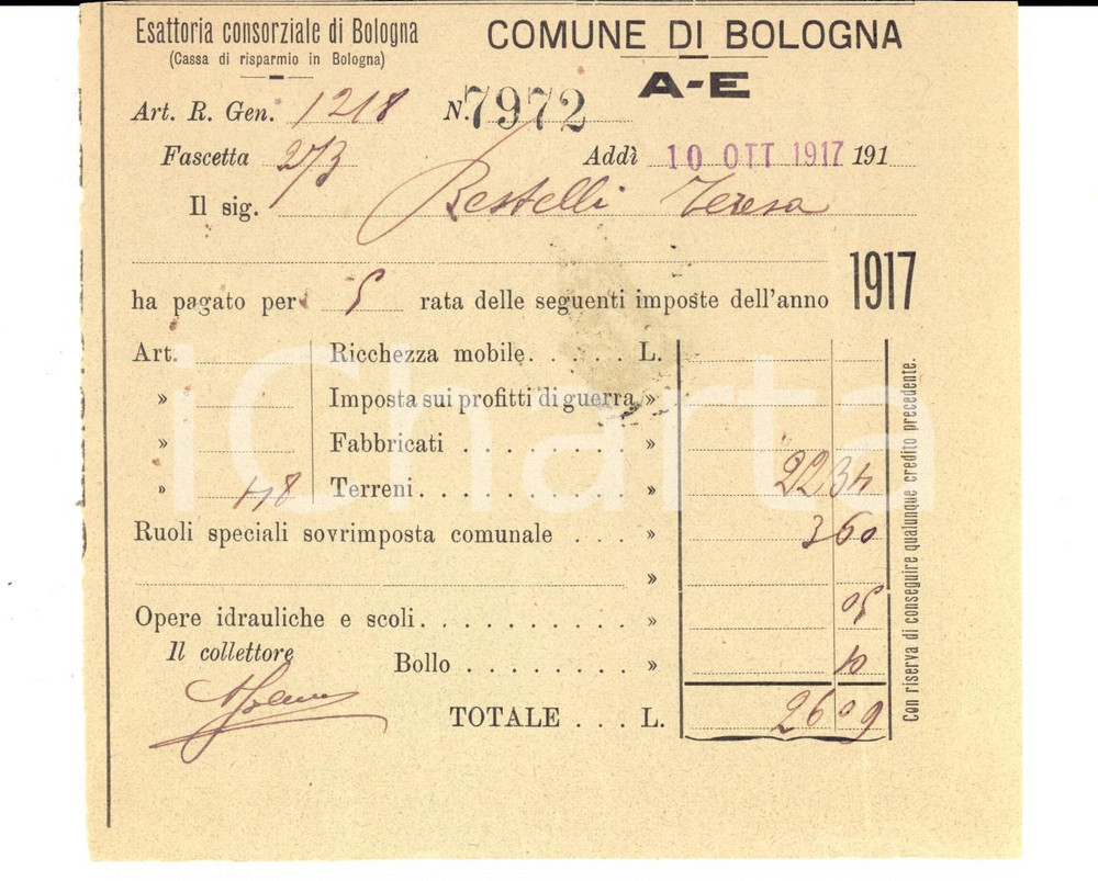 Oggetto da collezione cartaceo 1917 BOLOGNA Esattoria - Ricevuta per imposte di Teresa RESTELLI 1