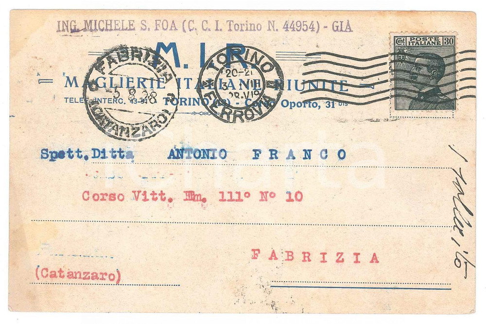Cartolina originale da collezione 1928 TORINO  MIR Maglierie Italiane Riunite  Cartolina commerciale FP VG 1