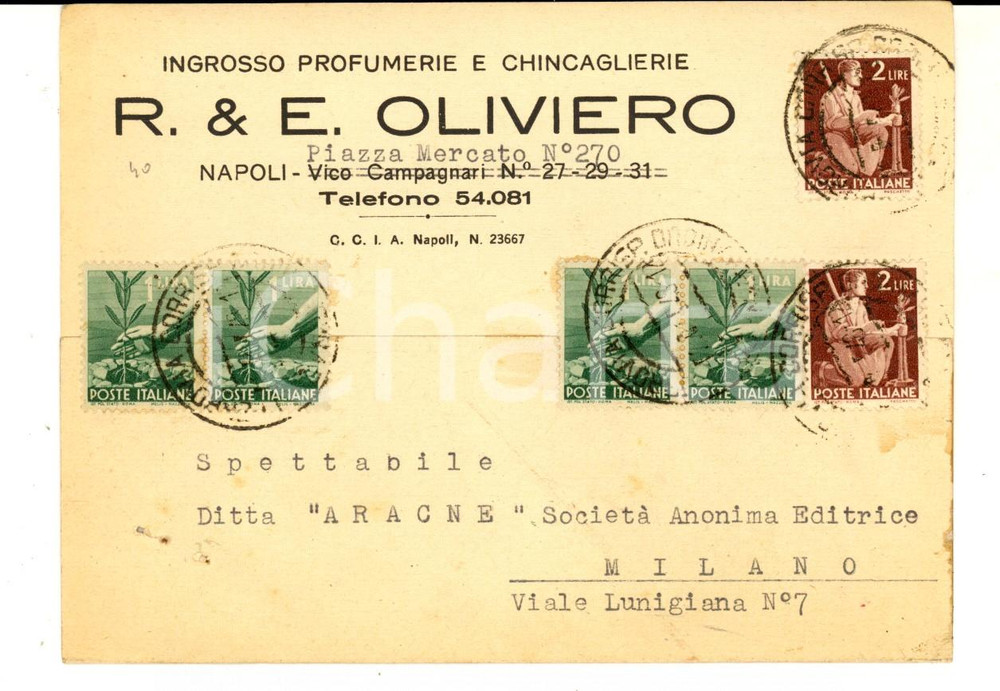 Cartolina originale da collezione 1948 NAPOLI R. & E. OLIVIERO Ingrosso profumerie Cartolina STRISCIA 1 LIRA 1