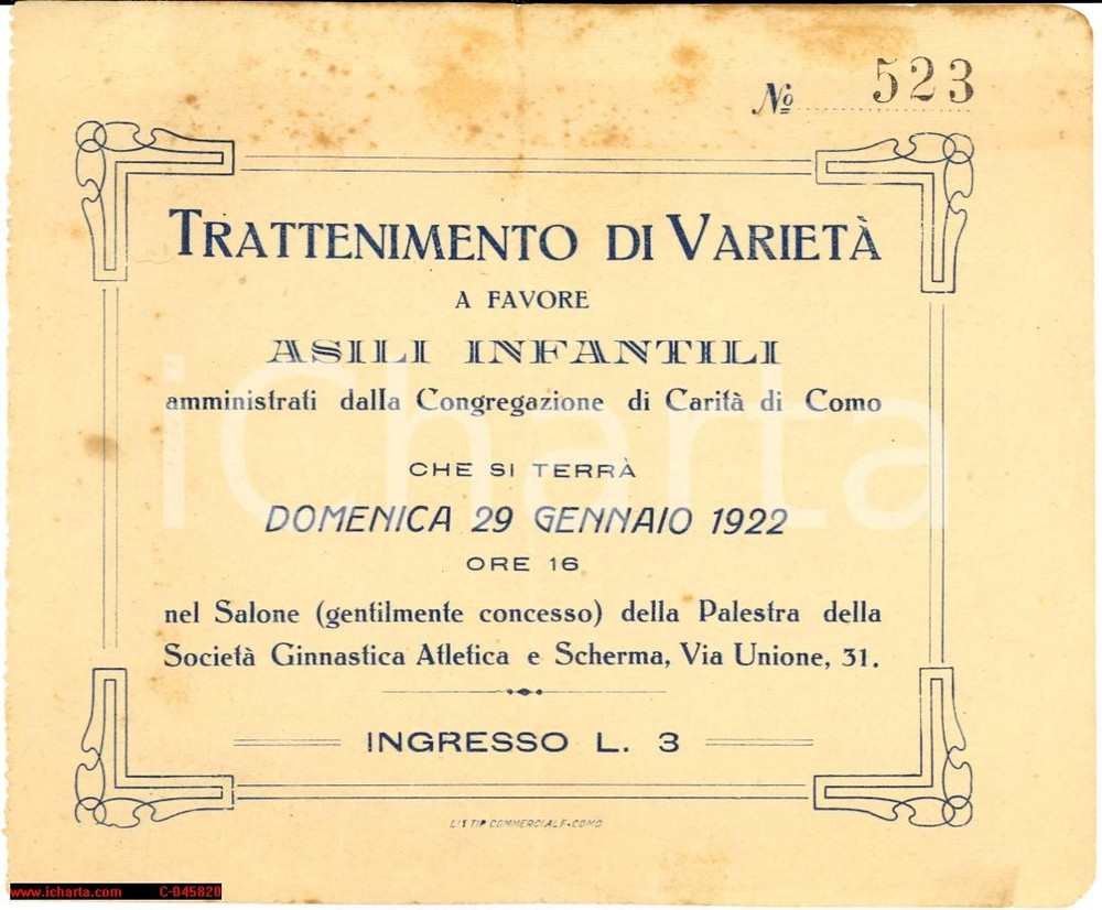 Oggetto da collezione cartaceo 1922 COMO Trattenimento di varietà pro asili infantili Biglietto di invito 1