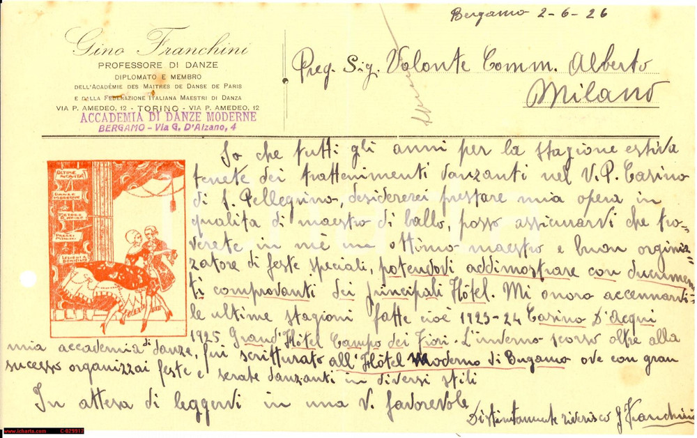 Manoscritto, lettera originale 1926 BERGAMO Lettera GINO FRANCHINI maestro di danze ad ALBERTO VOLONTE 1