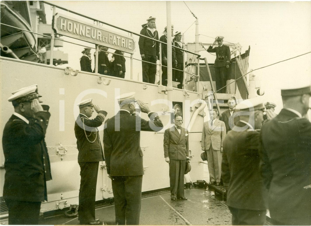 Fotografia d epoca originale 1938 PARIS Ministro CÃ©sar CAMPINCHI visita incrociatore PROVENCE Fotografia 1