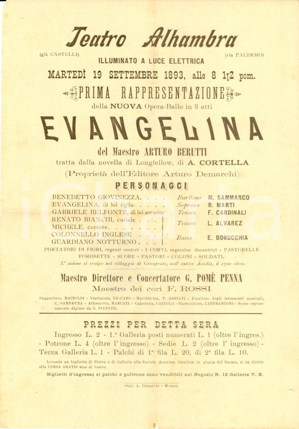 Materiale pubblicitario d’epoca 1893 MILANO TEATRO ALHAMBRA La Prima dell EVANGELINA di Arturo BERUTTI Locandina 1